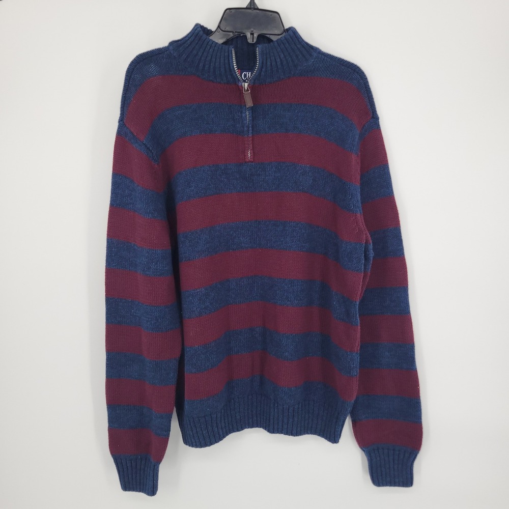 Chaps‎ Mens Large Quarter Zip Sweater Blue Burgundy Striped Knit Size Large